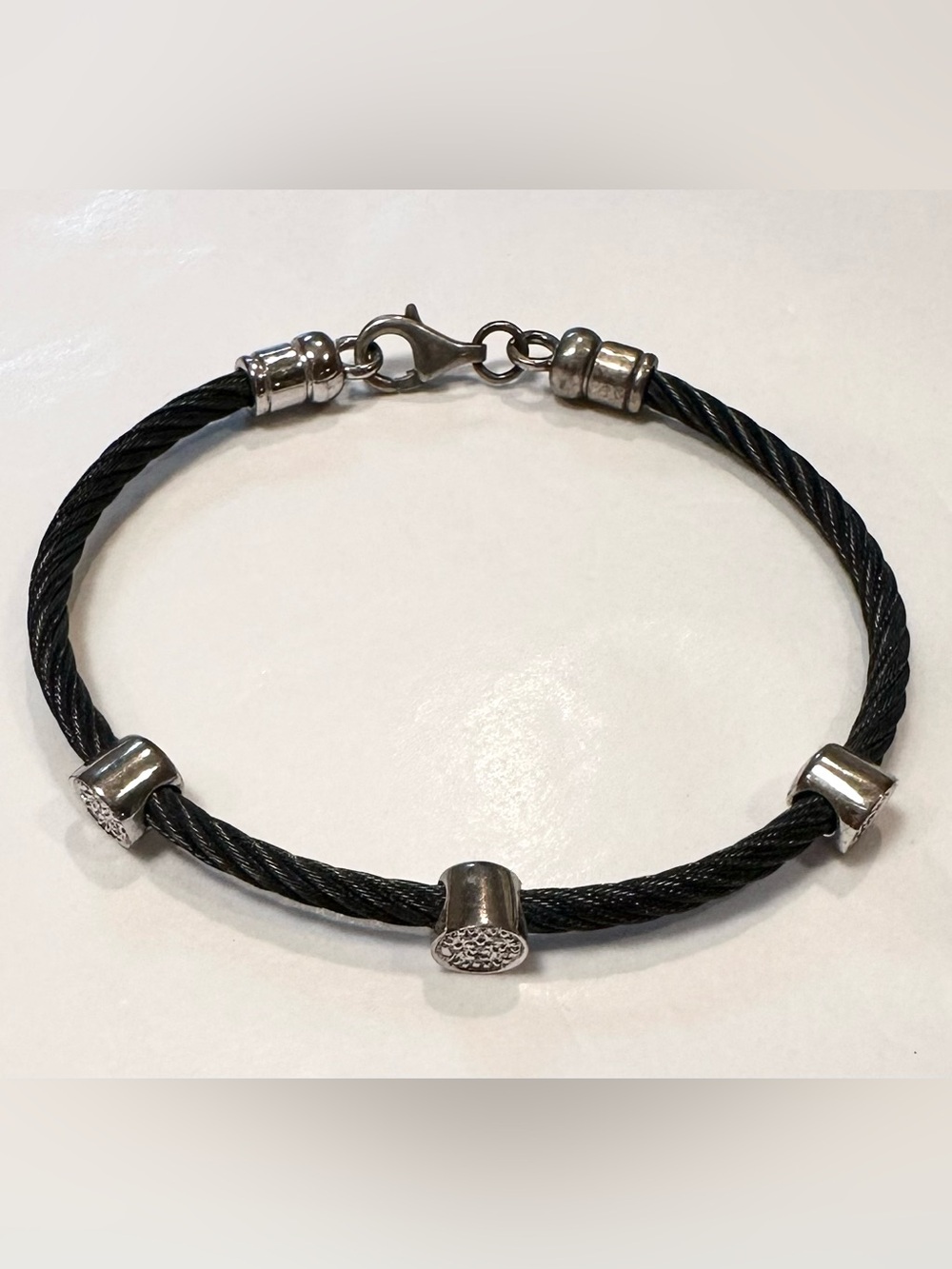 Black Twisted Cable Bracelet Silver Tone Crystal Stations